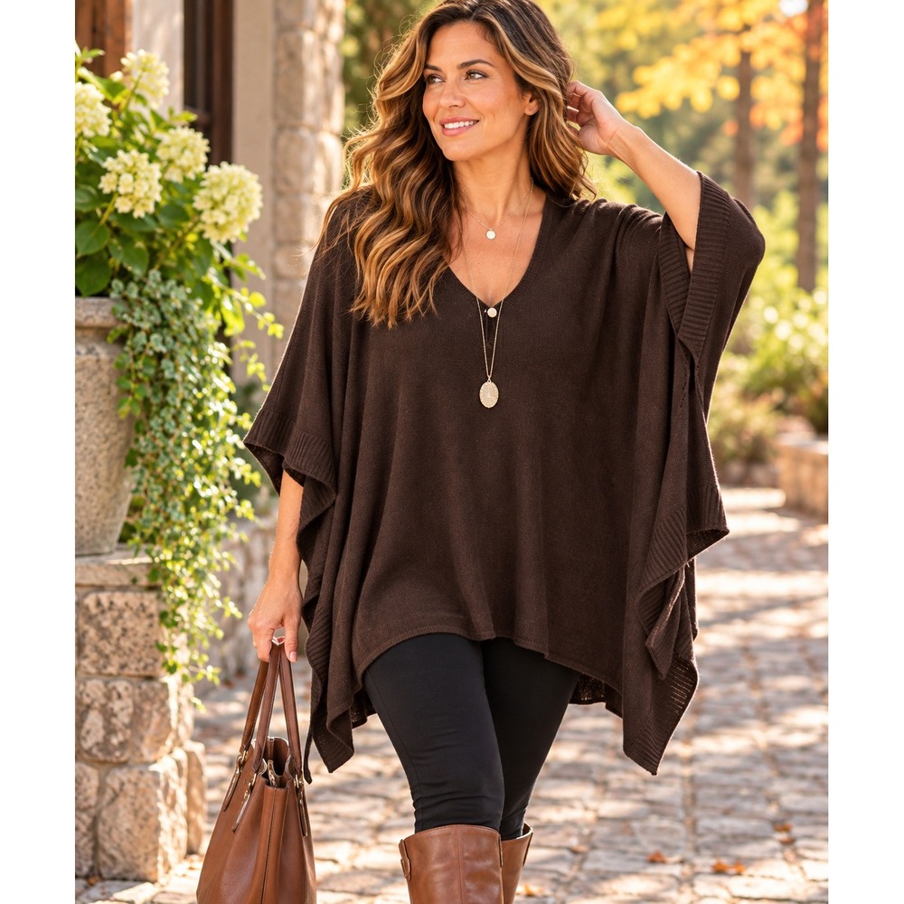 Cato Brown Knit Poncho Sweater V-Neck Single Button Oversized One Size Womens